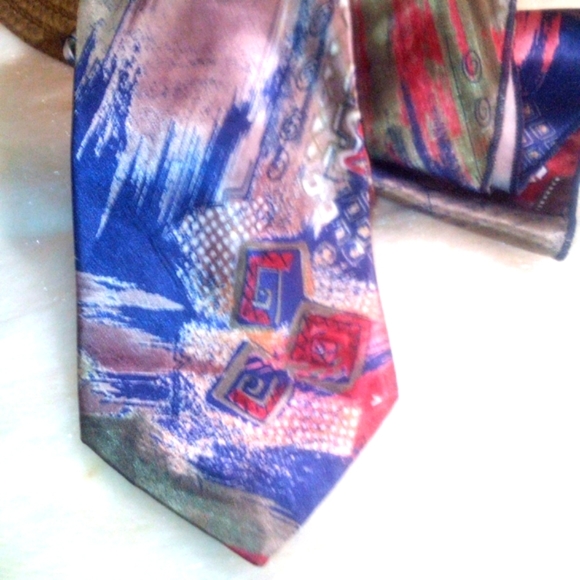 VINTAGE KETCH POCKET SQUARE & TIE SET ABSTRACT ASST'D SHADES REDS BLUES TANS LN - Picture 4 of 4